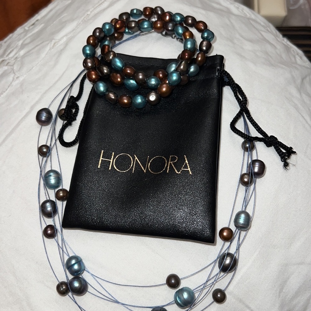 Honora multi strand, floating pearl necklace, three stretch bracelets & earings